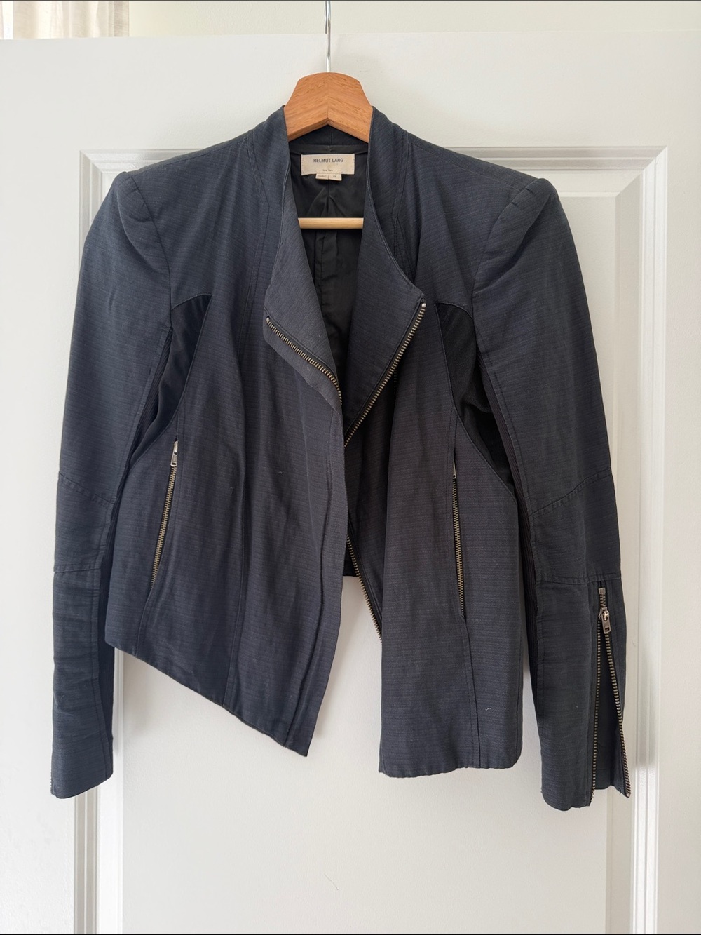 Helmut Lang Charcoal Asymmetrical Zip Leather-Trim Jacket
